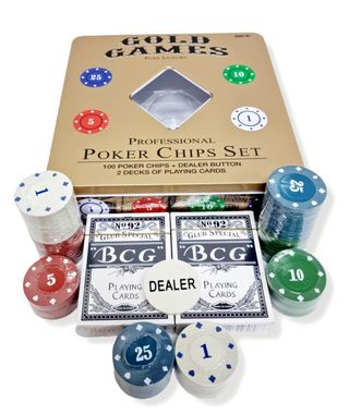 პოკერი 100 ცალიანი ოქროსფერი ყუთში ბანქოთი