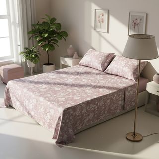 Completo letto matrimoniale cotone - fiori malva