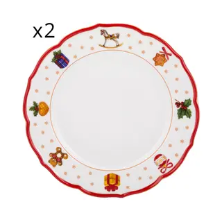 Set 2 piatti piani natalizi porcellana - bordo rosso