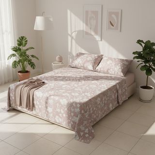 Completo letto matrimoniale cotone - fiori tortora