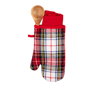 Set guanto, cucchiaio e strofinaccio tartan - bianco