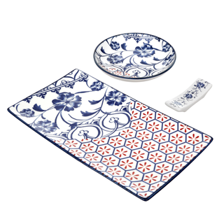 Set sushi 3 pezzi - piattino rettangolare 28 cm blu rosso Sushiko