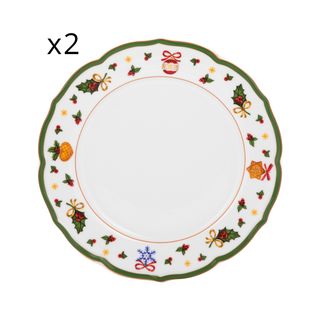 Set 2 piatti piani natalizi porcellana - bordo verde