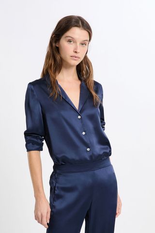 PEARLY Camiseta de pijama de manga larga de seda AZUL OSCURO S