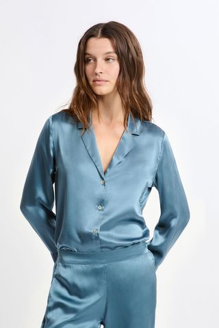 PEARLY Camiseta de pijama de manga larga de seda AZUL OSCURO M