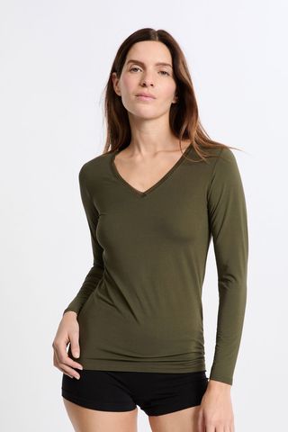 WARME UP LACE Camiseta de cuello en v de punto térmico CAQUI L