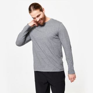 Camiseta Fitness Manga Larga Algodón Cuello Redondo Hombre Domyos Gris S Gris