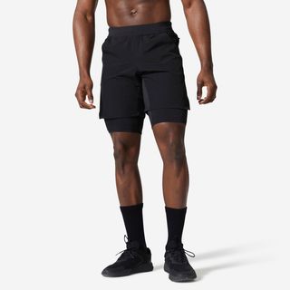 Pantalón Corto Fitness Hombre Negro 2 En 1 Colección Transp. Bolsillo Cremallera L Negro
