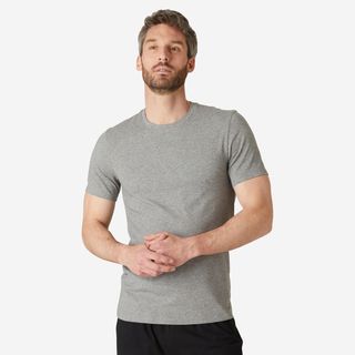 Camiseta Fitness Manga Corta Algodón Extensible Slim Hombre Gris Claro 2Xl Gris