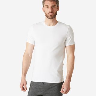 Camiseta Fitness Manga Corta Algodón Extensible Slim Hombre Blanco L Blanco