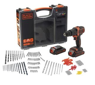 TRAPANO CON PERCUSSIONE A BATTERIA BLACK&DECKER 18V, 2 BATTERIE 1.5AH + 100 ACCESSORI