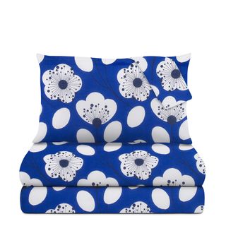 Completo letto matrimoniale blu fiori - bianchi