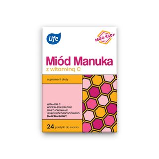 Life Miód Manuka z Witaminą C Malinowy, pastylki do ssania 24 szt.