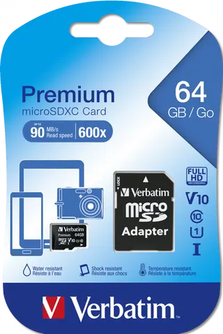 Carte microSDHC avec adaptateur Verbatim de 64 GB