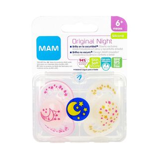 CHUPETE SILICONA MAM ORIGINAL NIGHT + 6 M PACK DOBLE ROSA