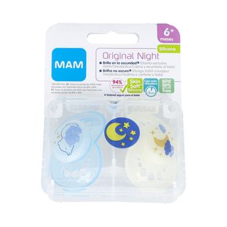 CHUPETE SILICONA MAM ORIGINAL NIGHT + 6 M PACK DOBLE AZUL