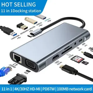 Multifunction 11 in 1 HUB USB C Multiport Adapter Hdtv 4K 30Hz 4 USB 3.0 Hub 3.5MM AUX 11 Port Dock Station for Laptop Splitter- 00532