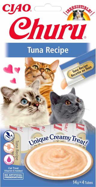 INABA CHURU Premio para gatos, Puré con Atún, Paquete de 4 sobres x 14g