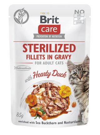 Brit Care Cat Sterilized Fillets in Gravy with Hearty Duck Enriched with Sea Buckthorn and Nasturtium. 85g