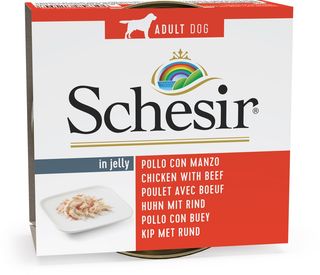 0.15 KG Schesir Adult pollo y buey en gelatina lata para perros