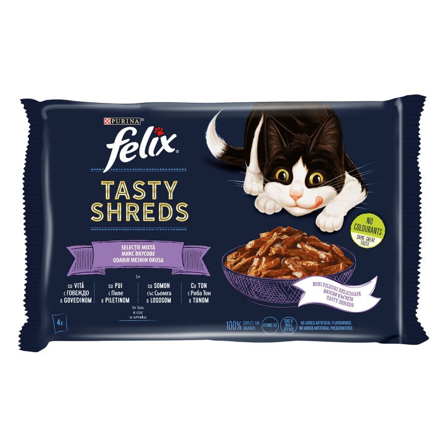 Храна За Котки Purina Felix Tasty Shreds Пауч Микс С Говеждо, Пиле, Сьомга И Тон 4x80g