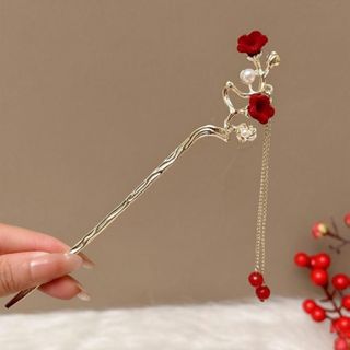Zlatni metalni štapić za kosu sa crvenim cvjetovima, biserima i visuljkom