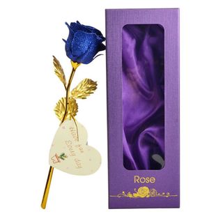 Svjetlucava teget plava ruža u ljubičastoj luksuznoj kutiji sa čestitkom