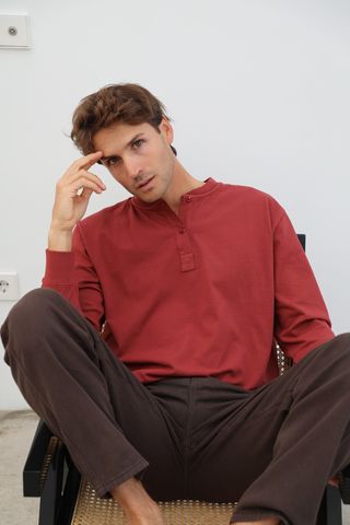 Long Vintage Button Sweatshirt Red L