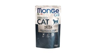 Monge Gril 85გრ კატის სველი საკვები, ნაჭრები,  სტერილურის, კალმახით