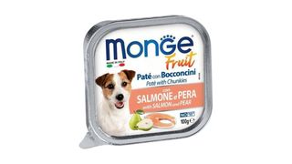 Monge Fruit Pate with salmon and pear 100გრ ძაღლის პაშტეტი ნაჭრებით, ორაგული და მსხალი