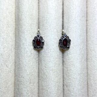 Srebrene markizit naušnice sa crvenim cirkonom u obliku ovalnog kruga 002