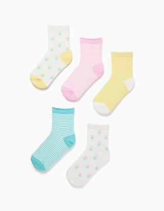 Pack de 5 pares de meias lisas/riscas/bordadas para menina, multicolor