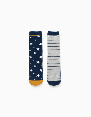 2 pares de meias antiderrapantes com motivos para menino, azul/cinza/amarelo