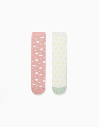 2 pares de meias antiderrapantes com motivos para menina, rosa/branco/verde