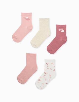 Pack de 5 pares de meias com flores para menina, rosa/branco/bege