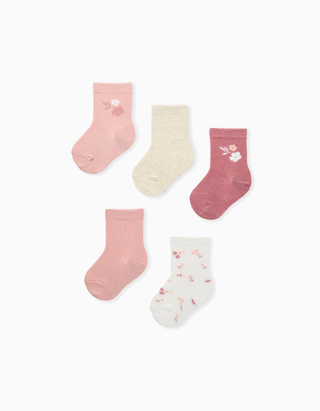 Pack de 5 pares de meias com flores para bebé menina, rosa/branco/bege