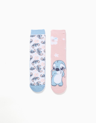 2 meias antiderrapantes com estampado Stitch para menina, branco/azul/rosa