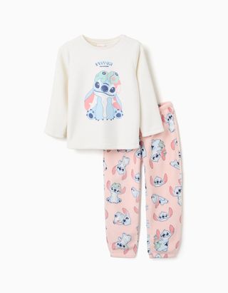 Pijama de peluche com estampado Stitch para menina, branco/rosa