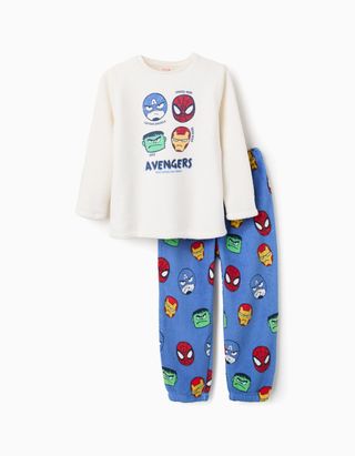 Pijama de peluche com estampado Avengers para menino, branco/azul