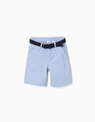 Calções midi de sarja com cinto para menino, azul-claro