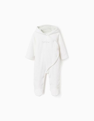 Babygrow de veludo acolchoado com capuz para recém-nascido, branco