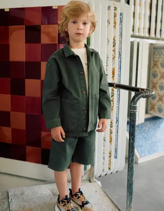 Sobrecamisa de sarja com bolsos frontais para menino, verde cáqui