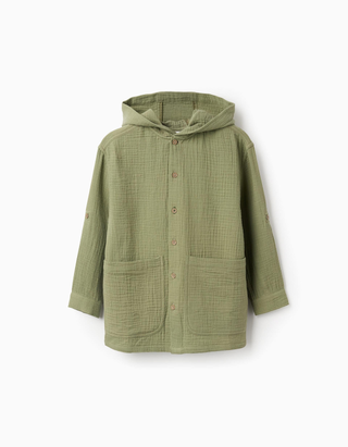 Camisa de manga comprida de algodão com capuz para menino, verde cáqui