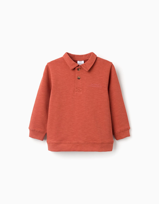 Sweat de algodão com gola polo e estampado para menino, laranja