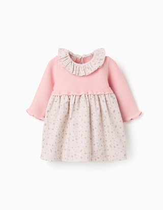 Vestido combinado com motivo floral para recém-nascida, rosa/bege