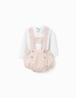 Body-polo + calções de bombazine para recém-nascido, branco/bege