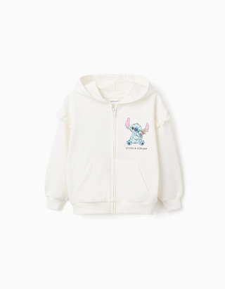 Casaco de algodão com capuz e estampados Stitch para menina, branco