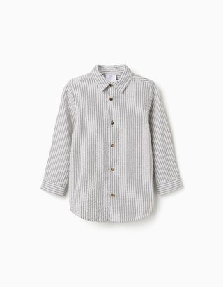 Camisa de algodão às riscas B&S para menino, branco/cinza