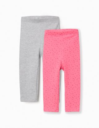 Pack de 2 leggings de algodão lisas/florais para bebé menina, cinza/rosa