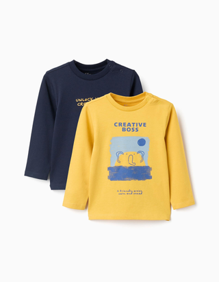 Pack de 2 T-shirts com estampados para bebé menino, amarelo/azul